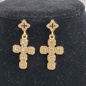 Cross Earrings Gold Tone & Clear Rhinestones - Drop Earrings, Jewelry